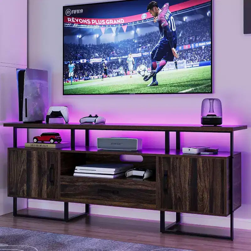 Meuble TV industriel de 75 pouces – Console multimédia moderne du milieu du siècle avec tiroir et placard de rangement, meuble TV de 70, marron rustique