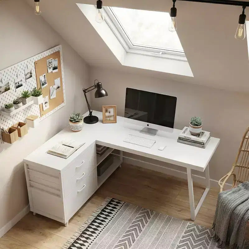 Bureau d'angle réversible avec 3 tiroirs et étagères ouvertes – Bureau rustique