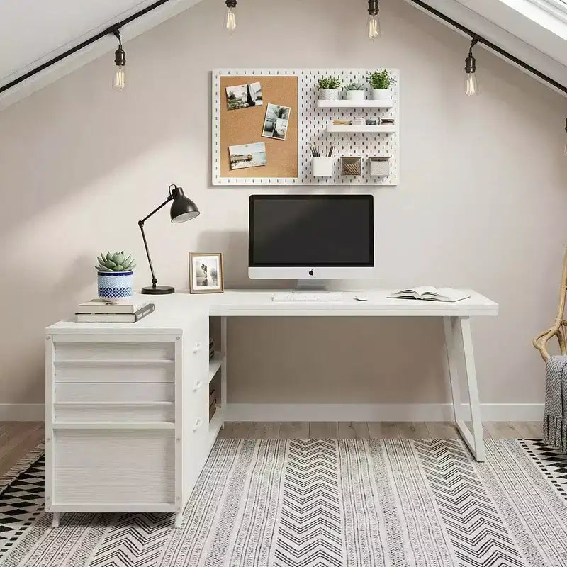 Bureau d'angle réversible avec 3 tiroirs et étagères ouvertes – Bureau rustique