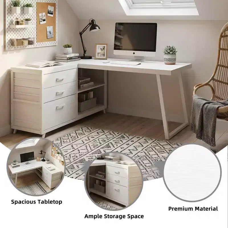 Bureau d'angle réversible avec 3 tiroirs et étagères ouvertes – Bureau rustique