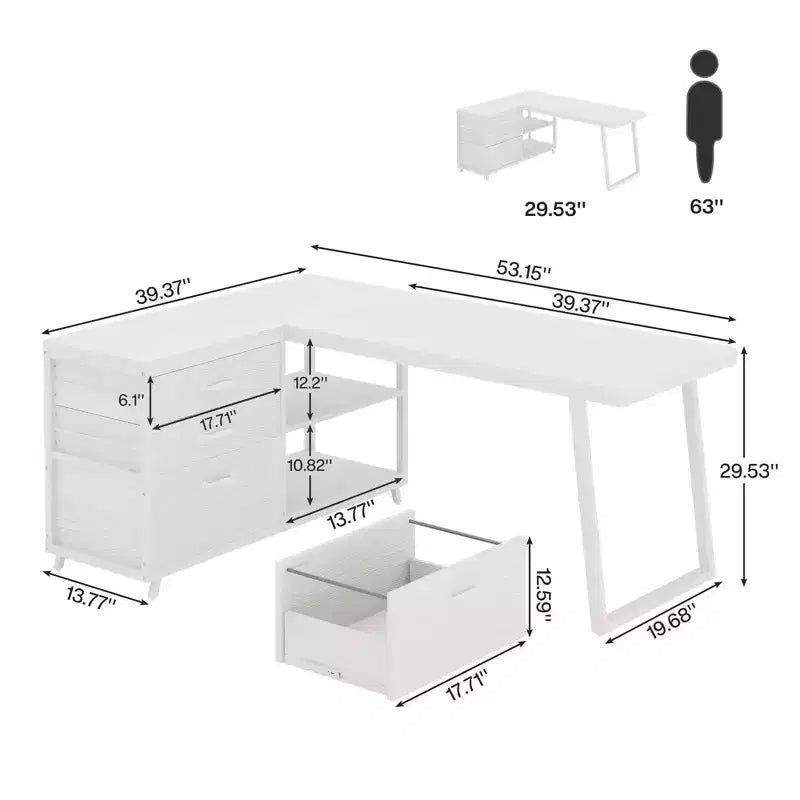 Bureau d'angle réversible avec 3 tiroirs et étagères ouvertes – Bureau rustique