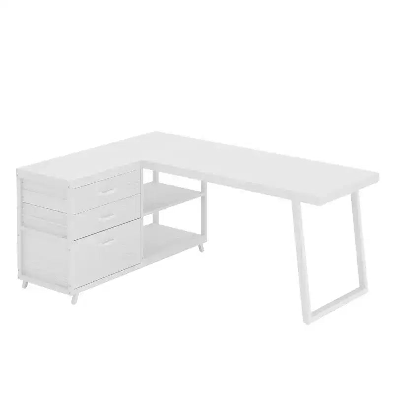 Bureau d'angle réversible avec 3 tiroirs et étagères ouvertes – Bureau rustique