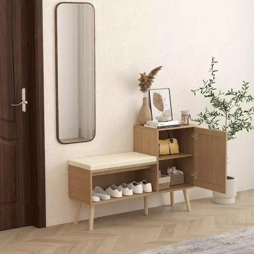 Banc à chaussures 2 en 1, meuble à chaussures en rotin naturel avec 2 étagères réglables et coussin d'assise amovible