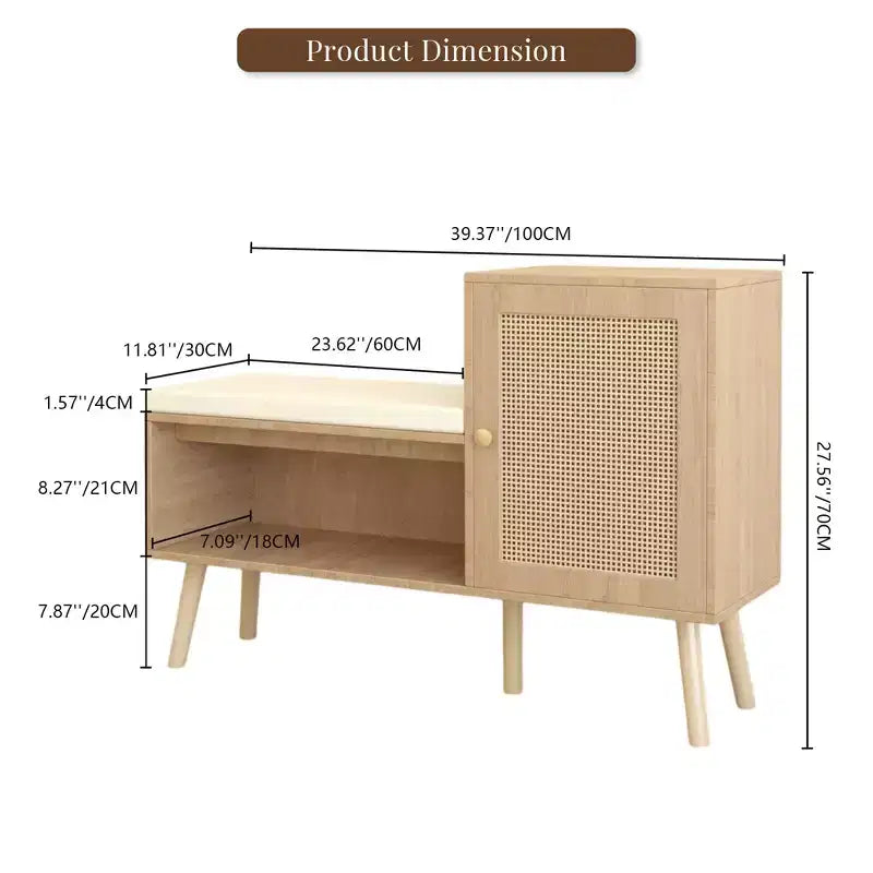 Banc à chaussures 2 en 1, meuble à chaussures en rotin naturel avec 2 étagères réglables et coussin d'assise amovible