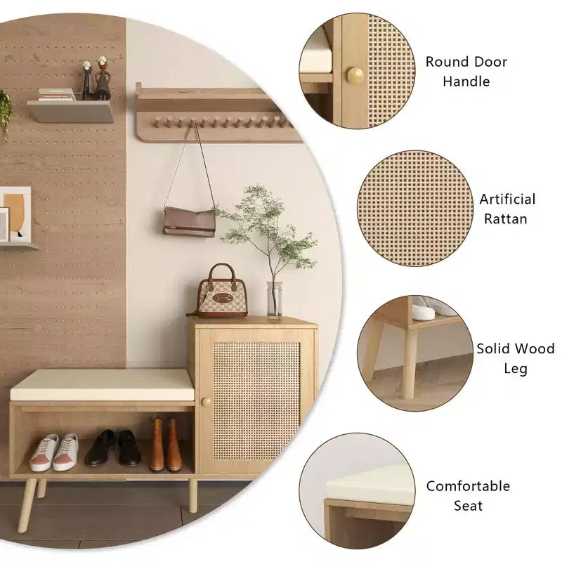Banc à chaussures 2 en 1, meuble à chaussures en rotin naturel avec 2 étagères réglables et coussin d'assise amovible