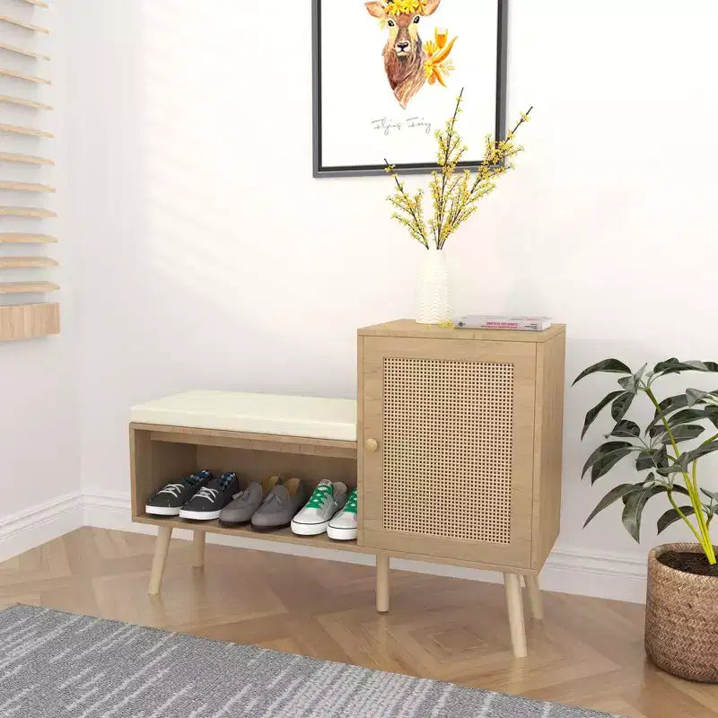 Banc à chaussures 2 en 1, meuble à chaussures en rotin naturel avec 2 étagères réglables et coussin d'assise amovible