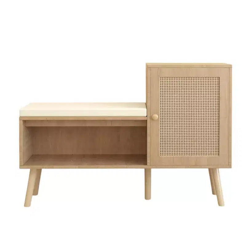 Banc à chaussures 2 en 1, meuble à chaussures en rotin naturel avec 2 étagères réglables et coussin d'assise amovible