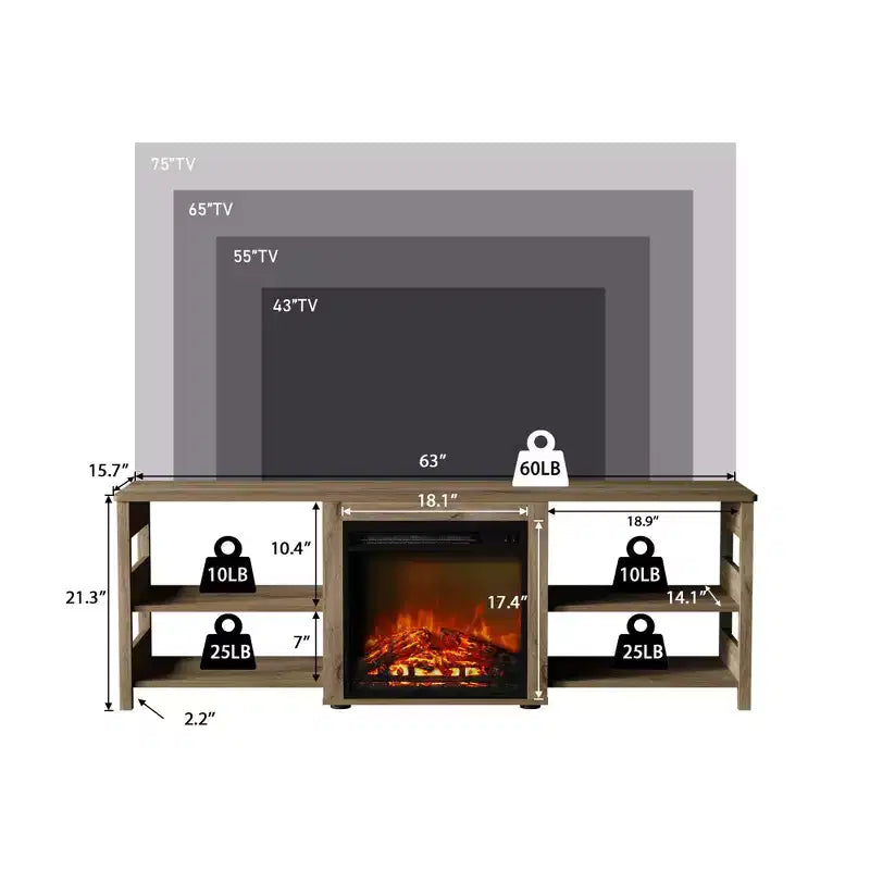 Meuble TV cheminée pour téléviseur jusqu'à 75" avec étagères de rangement