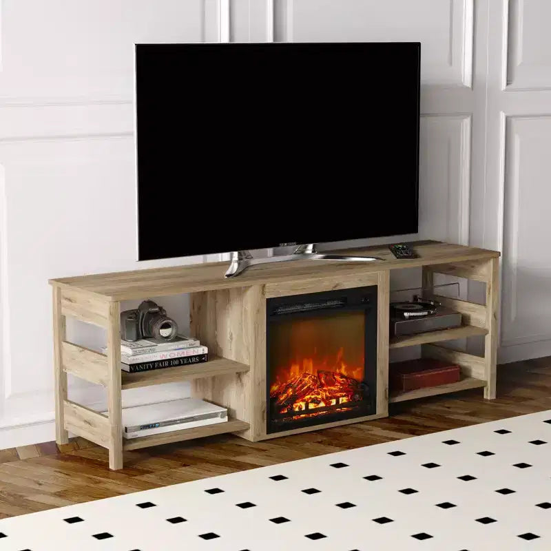 Meuble TV cheminée pour téléviseur jusqu'à 75" avec étagères de rangement