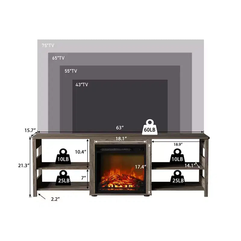 Meuble TV cheminée pour téléviseur jusqu'à 75" avec étagères de rangement