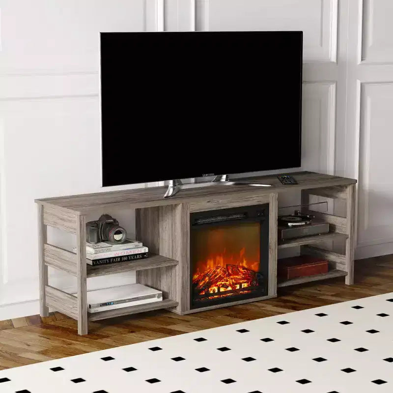 Meuble TV cheminée pour téléviseur jusqu'à 75" avec étagères de rangement