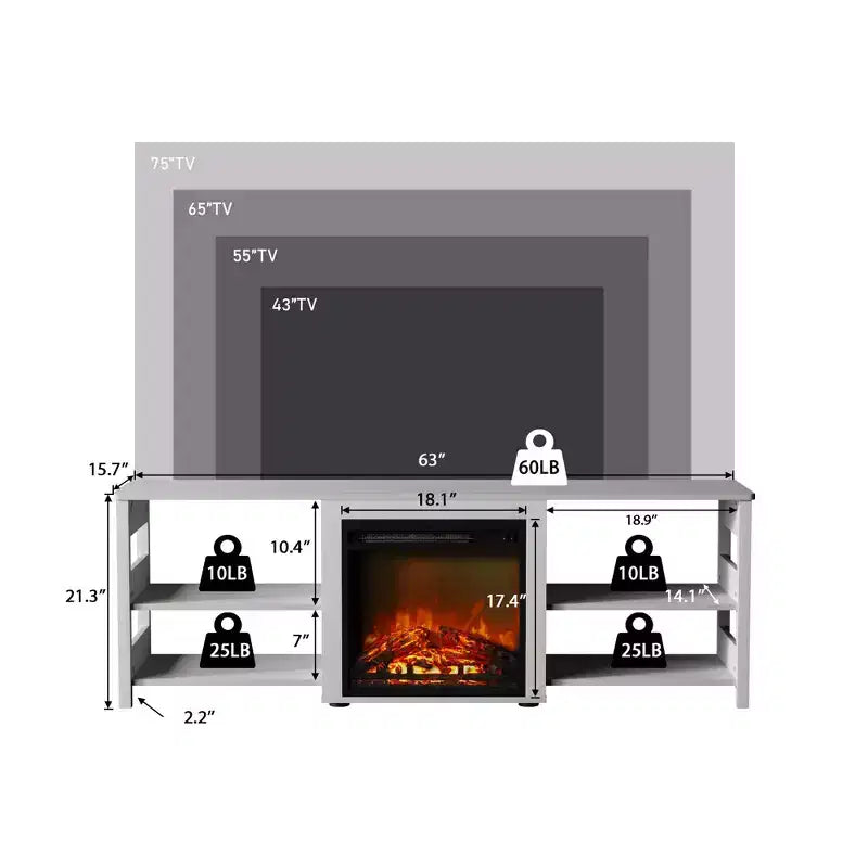 Meuble TV cheminée pour téléviseur jusqu'à 75" avec étagères de rangement
