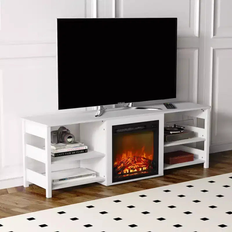 Meuble TV cheminée pour téléviseur jusqu'à 75" avec étagères de rangement