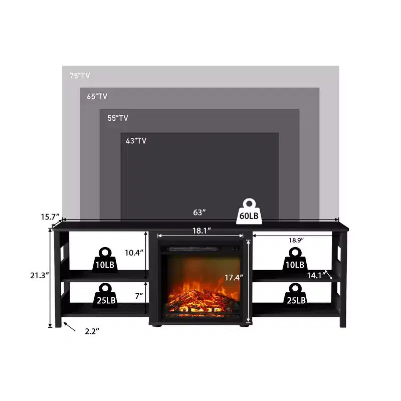 Meuble TV cheminée pour téléviseur jusqu'à 75" avec étagères de rangement