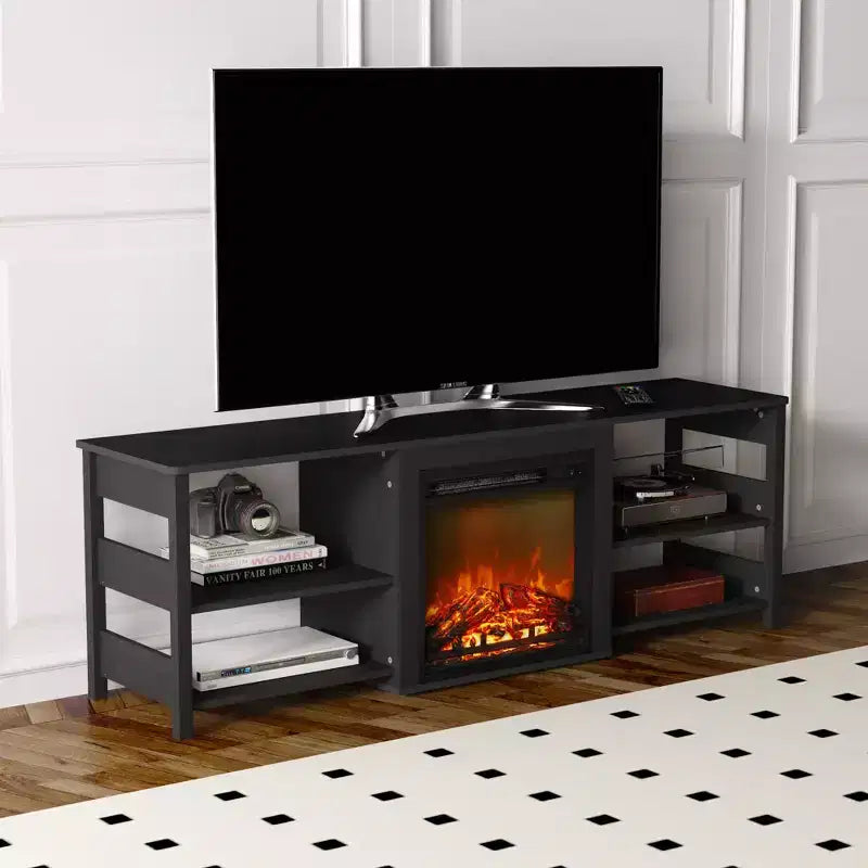 Meuble TV cheminée pour téléviseur jusqu'à 75" avec étagères de rangement