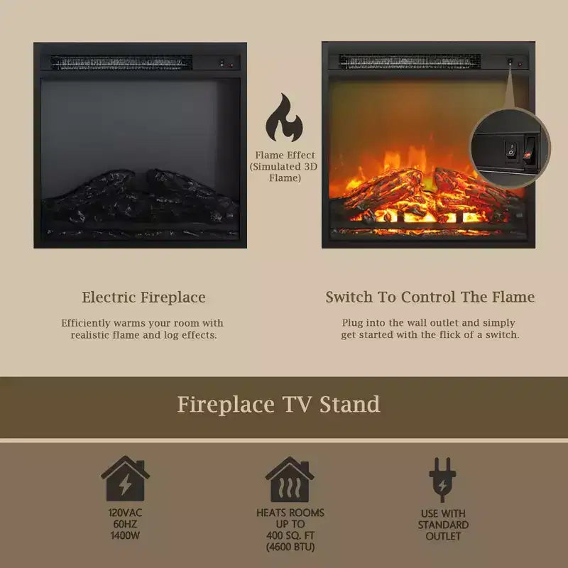 Meuble TV cheminée pour téléviseur jusqu'à 75" avec étagères de rangement