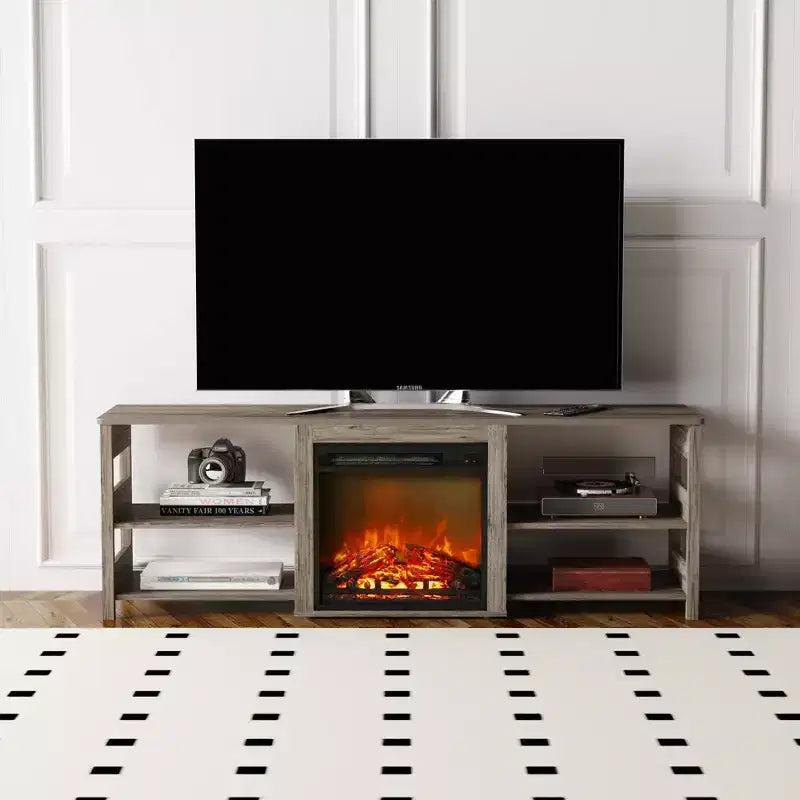 Meuble TV cheminée pour téléviseur jusqu'à 75" avec étagères de rangement