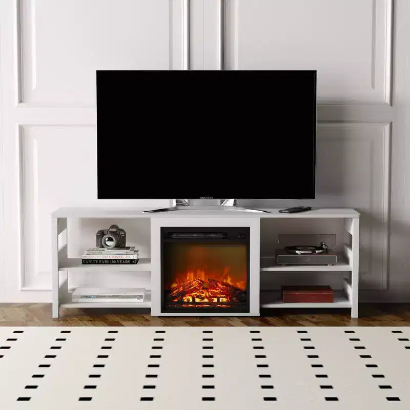 Meuble TV cheminée pour téléviseur jusqu'à 75" avec étagères de rangement