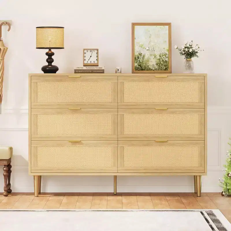 Commode à 6 tiroirs en rotin, commode moderne avec pieds et poignées, commode double large avec dispositif anti-basculement pour chambre, salon