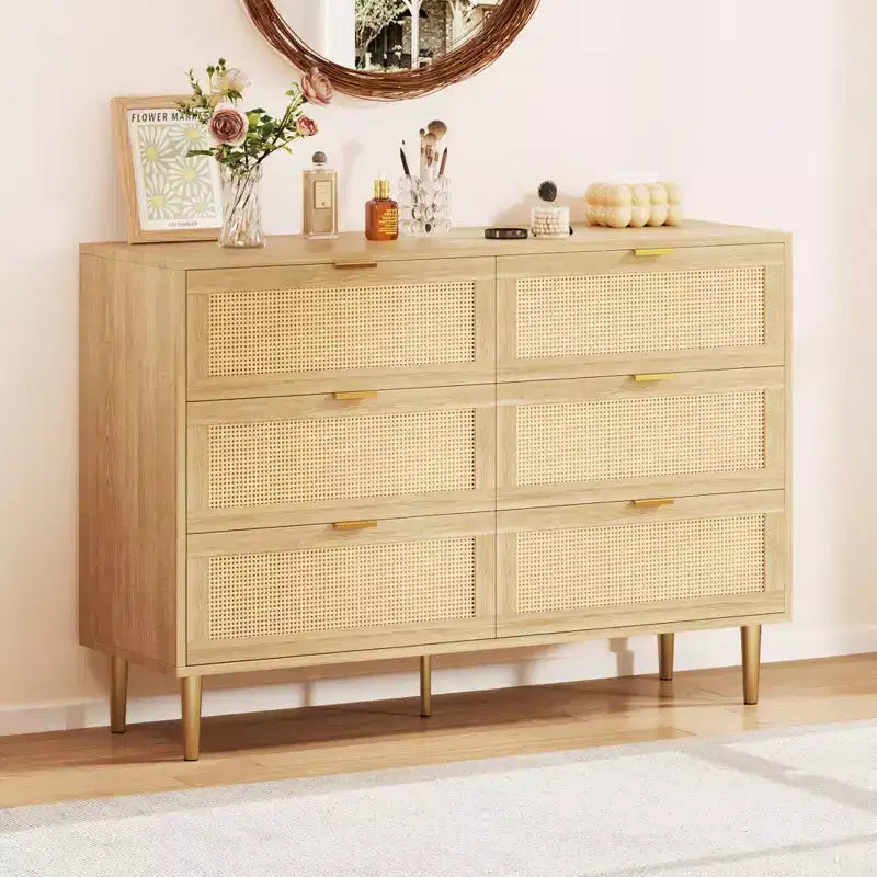 Commode à 6 tiroirs en rotin, commode moderne avec pieds et poignées, commode double large avec dispositif anti-basculement pour chambre, salon