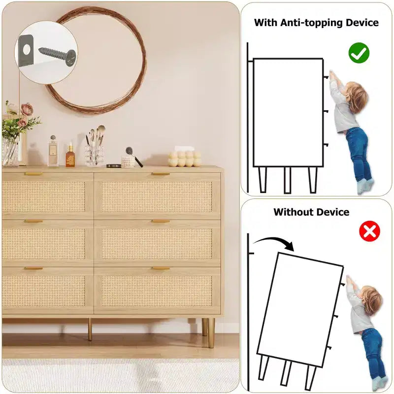 Commode à 6 tiroirs en rotin, commode moderne avec pieds et poignées, commode double large avec dispositif anti-basculement pour chambre, salon
