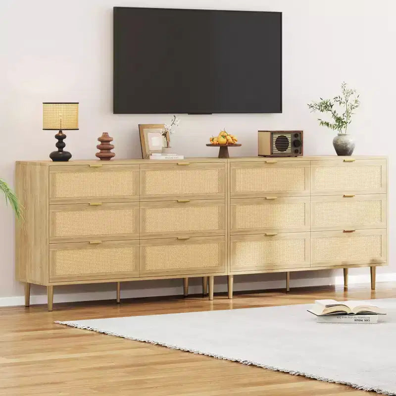Commode à 6 tiroirs en rotin, commode moderne avec pieds et poignées, commode double large avec dispositif anti-basculement pour chambre, salon