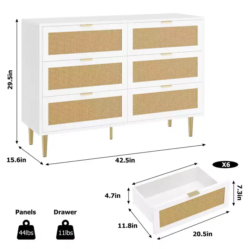 Commode à 6 tiroirs en rotin, commode moderne avec pieds et poignées, commode double large avec dispositif anti-basculement pour chambre, salon