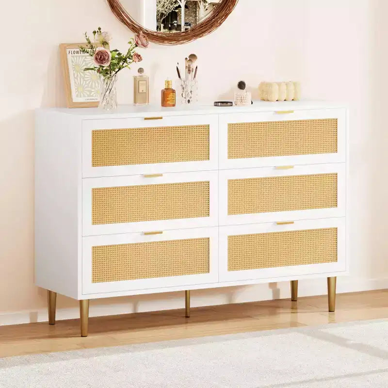 Commode à 6 tiroirs en rotin, commode moderne avec pieds et poignées, commode double large avec dispositif anti-basculement pour chambre, salon