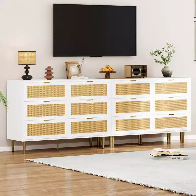 Commode à 6 tiroirs en rotin, commode moderne avec pieds et poignées, commode double large avec dispositif anti-basculement pour chambre, salon