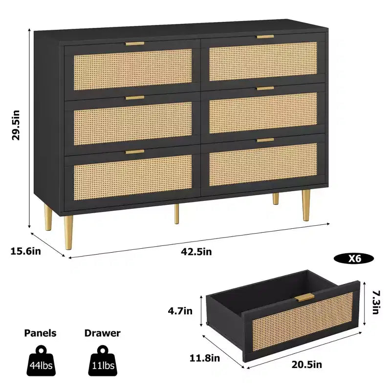Commode à 6 tiroirs en rotin, commode moderne avec pieds et poignées, commode double large avec dispositif anti-basculement pour chambre, salon