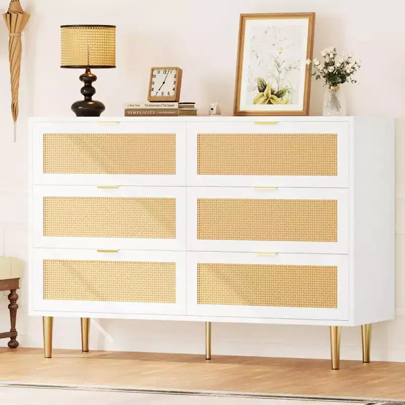 Commode à 6 tiroirs en rotin, commode moderne avec pieds et poignées, commode double large avec dispositif anti-basculement pour chambre, salon