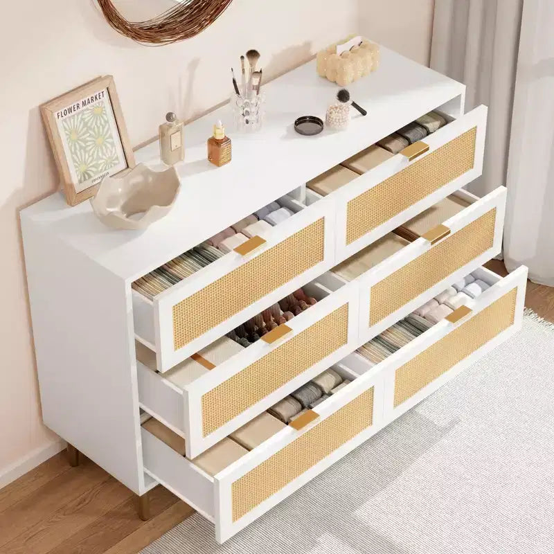 Commode à 6 tiroirs en rotin, commode moderne avec pieds et poignées, commode double large avec dispositif anti-basculement pour chambre, salon