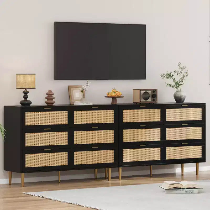 Commode à 6 tiroirs en rotin, commode moderne avec pieds et poignées, commode double large avec dispositif anti-basculement pour chambre, salon