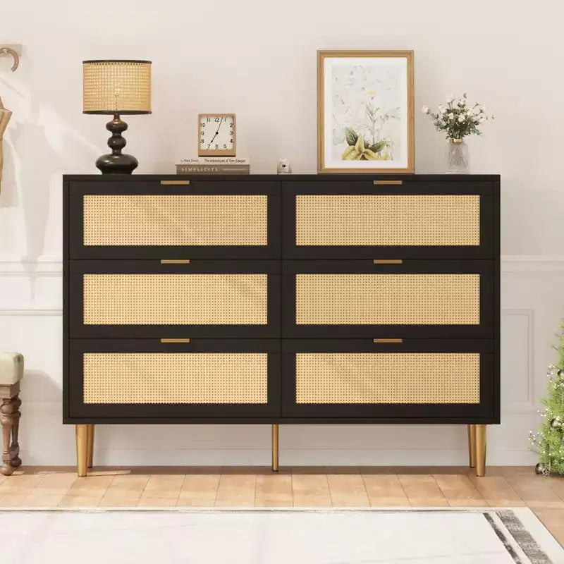 Commode à 6 tiroirs en rotin, commode moderne avec pieds et poignées, commode double large avec dispositif anti-basculement pour chambre, salon