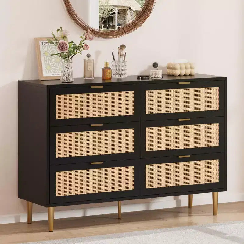 Commode à 6 tiroirs en rotin, commode moderne avec pieds et poignées, commode double large avec dispositif anti-basculement pour chambre, salon