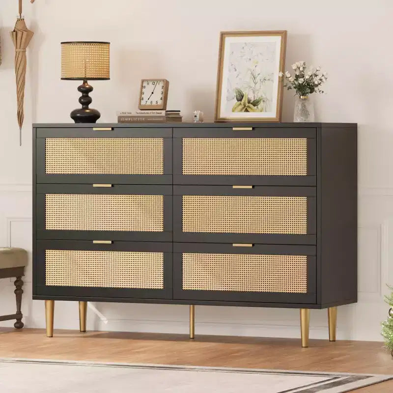 Rattan 6 Drawer Dresser, Modern Chest of Drawers with Legs & Handles, Wide Double Dresser with Anti-Tipping Design for Bedroom, Living Room