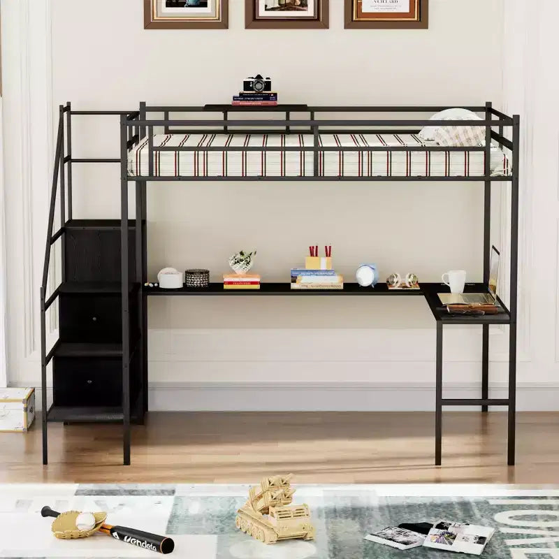 Lit mezzanine métallique pleine grandeur avec bureau en L, rails de sécurité, échelle et étagères de rangement - Noir