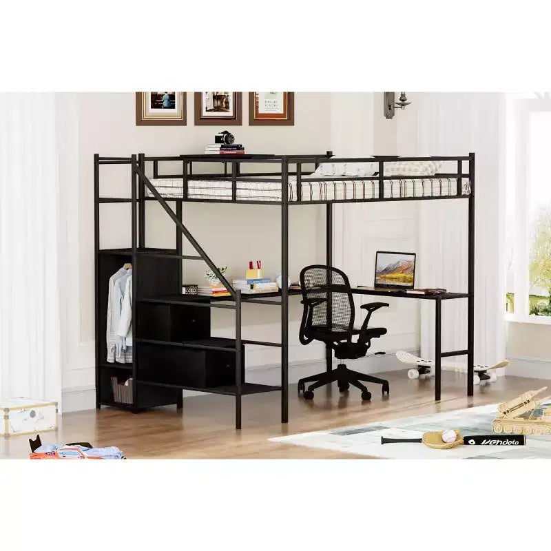 Lit mezzanine métallique pleine grandeur avec bureau en L, rails de sécurité, échelle et étagères de rangement - Noir