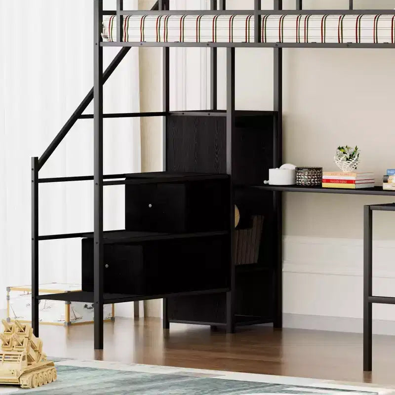 Lit mezzanine métallique pleine grandeur avec bureau en L, rails de sécurité, échelle et étagères de rangement - Noir