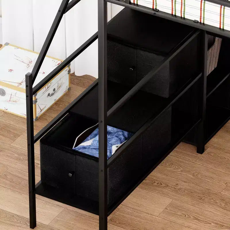 Lit mezzanine métallique pleine grandeur avec bureau en L, rails de sécurité, échelle et étagères de rangement - Noir