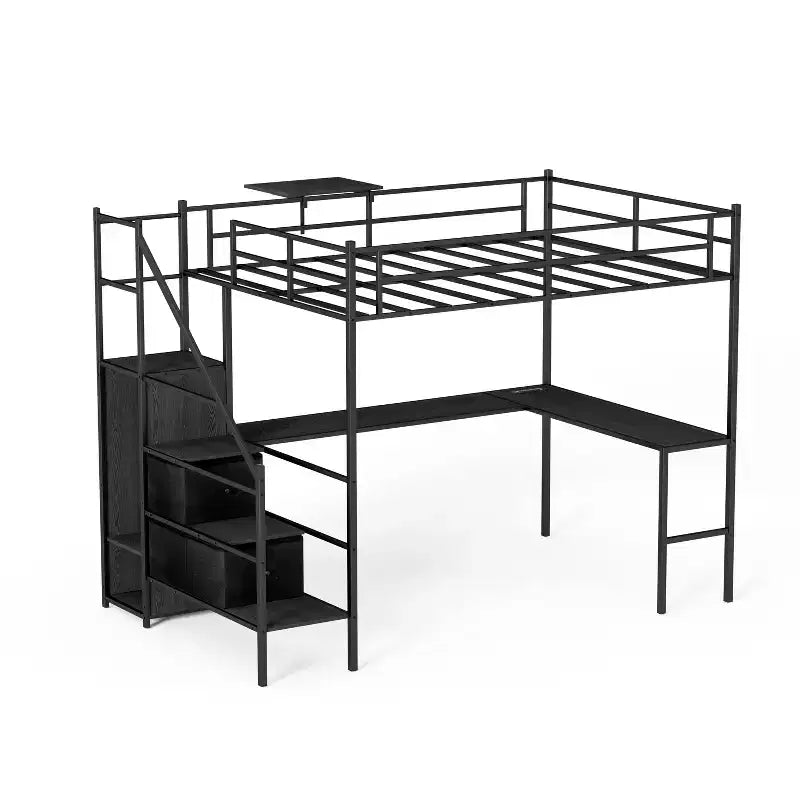 Lit mezzanine métallique pleine grandeur avec bureau en L, rails de sécurité, échelle et étagères de rangement - Noir