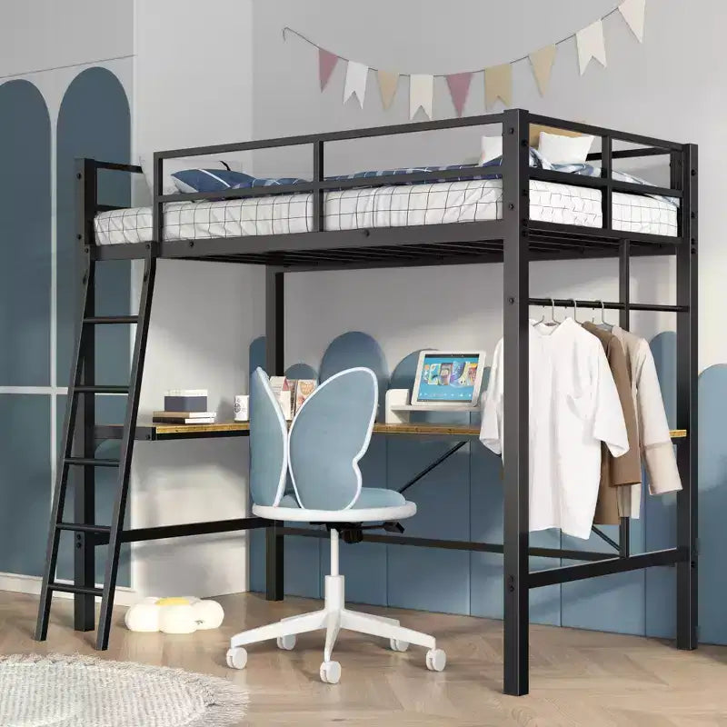 Lit mezzanine en métal avec bureau en L, barrière de sécurité et échelle - Jumeau, Noir