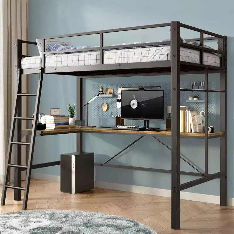 Lit mezzanine en métal avec bureau en L, barrière de sécurité et échelle - Jumeau, Noir