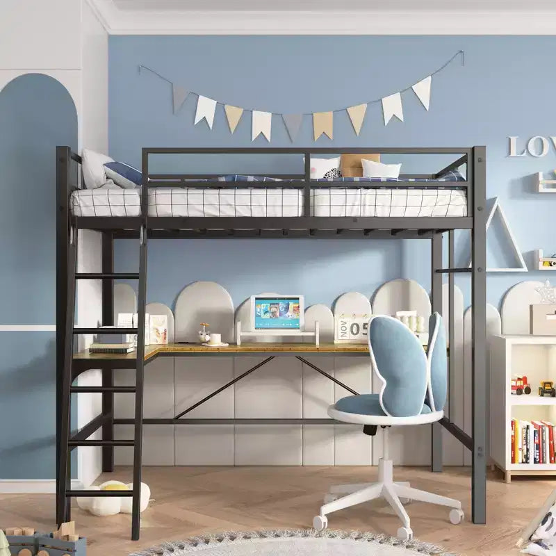 Lit mezzanine en métal avec bureau en L, barrière de sécurité et échelle - Jumeau, Noir