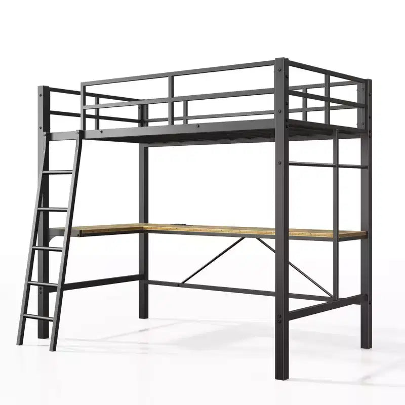 Lit mezzanine en métal avec bureau en L, barrière de sécurité et échelle - Jumeau, Noir