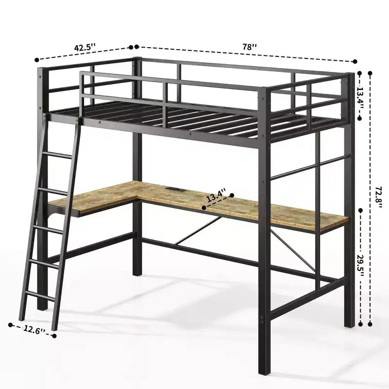 Lit mezzanine en métal avec bureau en L, barrière de sécurité et échelle - Jumeau, Noir