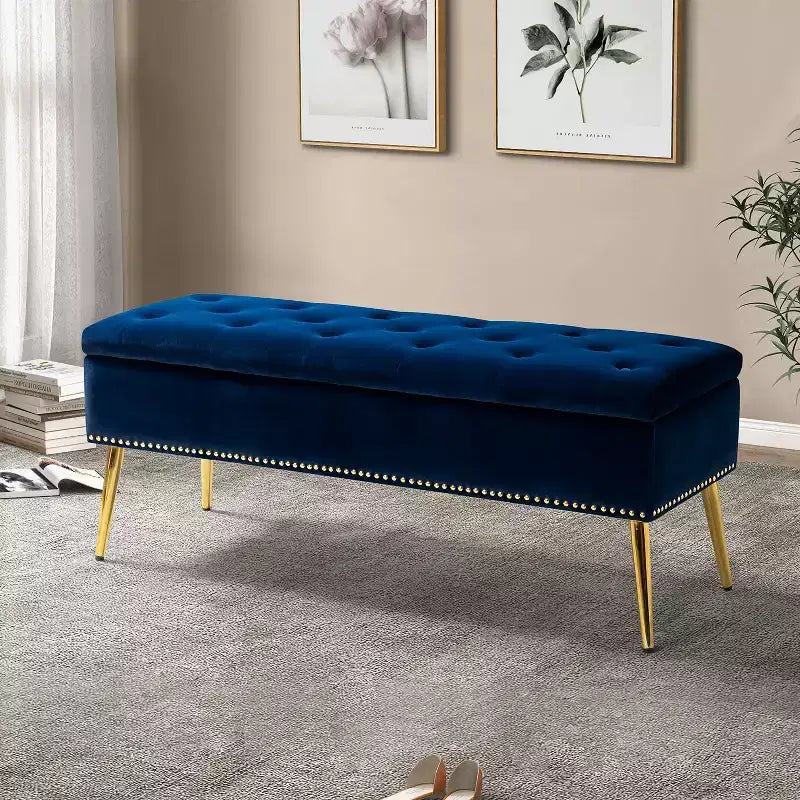 Banc de rangement avec garniture cloutée et siège capitonné - Noir