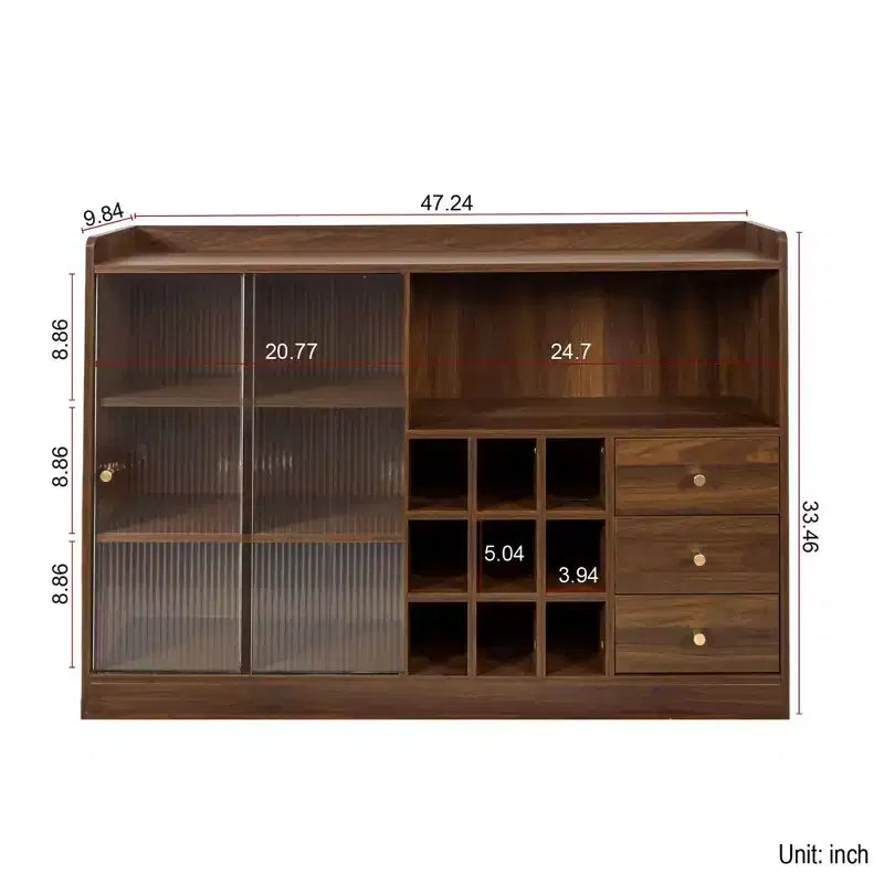 Buffet de cuisine avec portes vitrées cannelées, tiroirs et casier à vin - Noyer