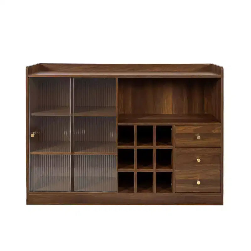 Buffet de cuisine avec portes vitrées cannelées, tiroirs et casier à vin - Noyer