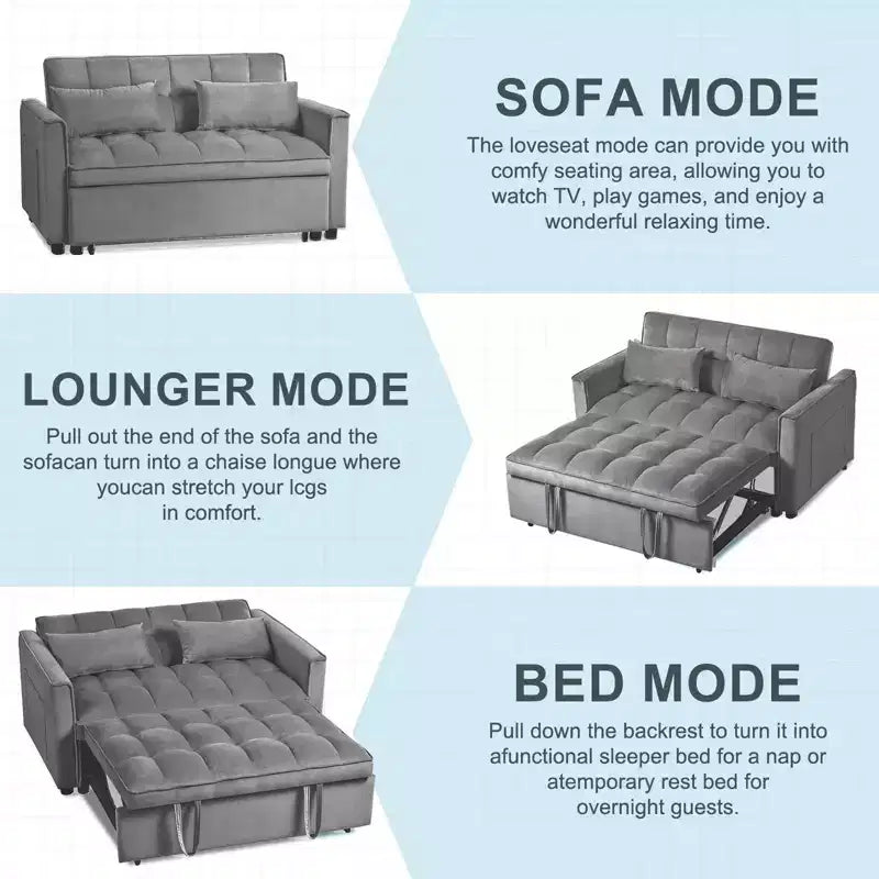 Canapé-lit convertible 3 en 1, futon deux places en velours escamotable avec oreillers - Gris foncé
